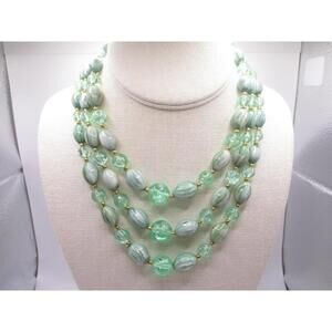 Vintage 3-strand bead green plastic Hong Kong bib necklace 13" hook 0269